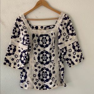 Tory Burch White Linen Embellished Floral Top Sz 4